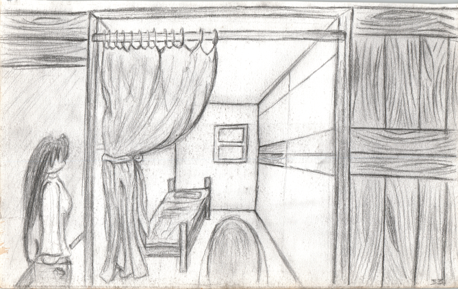 Pencil drawing of a girl walking down the hall of a tavern.