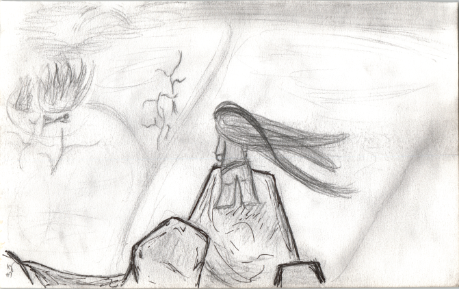 Pencil drawing of a girl standing on a mountain top looking down at a ruined valley.