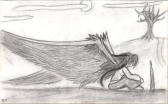 Pencil drawing of a girl sitting on the ground, she has large angel wings.