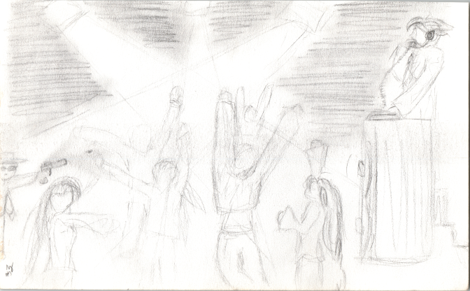 Pencil drawing of a rave, spotlights, DJ, and dancers.