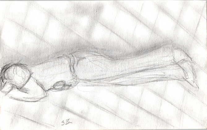 Pencil drawing of a boy laying on a tiled floor, from the side.