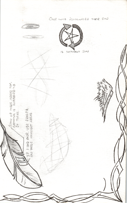 Pen and Ink decorations in the corner, a feather in ink, a wing in ink