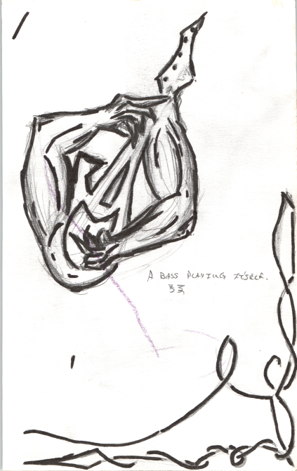 Sharpie drawing of a bass guitar with arms playing itself.