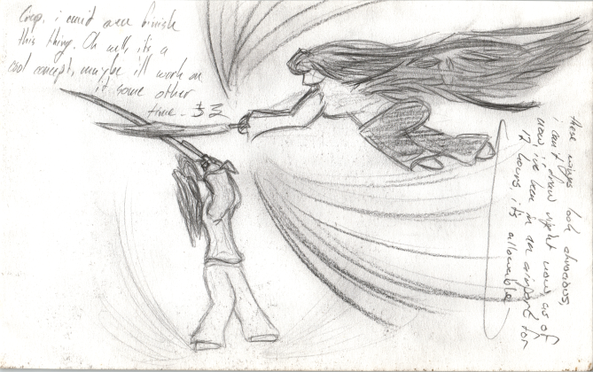 Two girls fighting, one has wings and the other does not